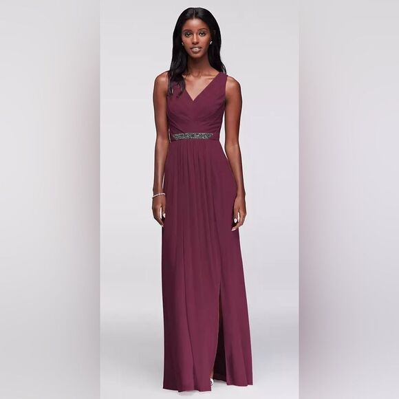 DAVID'S BRIDAL
Long Mesh Dress with V-Neck w/ Beaded Waistband size 6 color/Wine - Picture 1 of 14